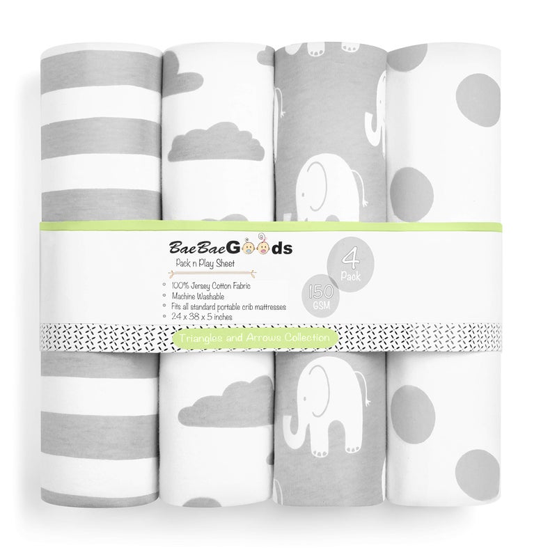 BaeBae Goods Pack n Play Sheets â€“ Premium Pack and Play Sheets 4 Pack â€“ 100% Super Soft Jersey Knit Cotton Playard Mattress Sheets â€“ Portable Playpen Fitted Play Yard Mini Crib Sheet For Boy & Girl (24 x 38 x 5) - Image 1